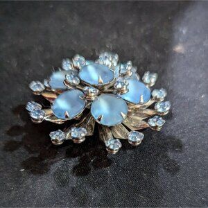 Vintage Rhinestone & Blue Glass Brooch Estate statement  flower pinwheel